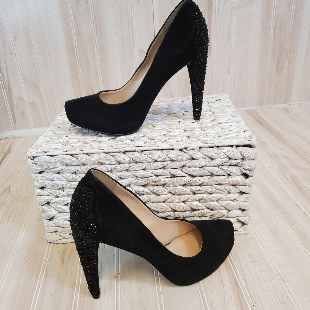 Nine West  6.5 Black Rhinestone Suede Block Heels Pumps Bling Whimsigoth Party